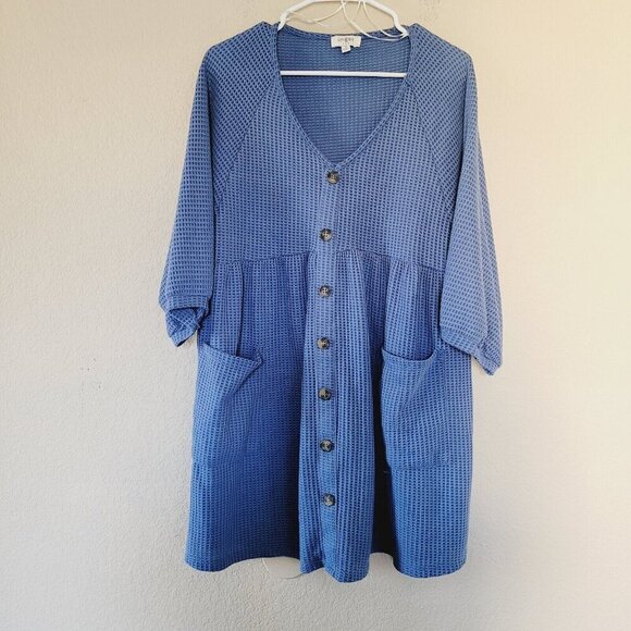 UMGEE Tunic Top Womens Size Small Blue Waffle Knit Oversized Long Sleeve Flowy - Picture 1 of 7